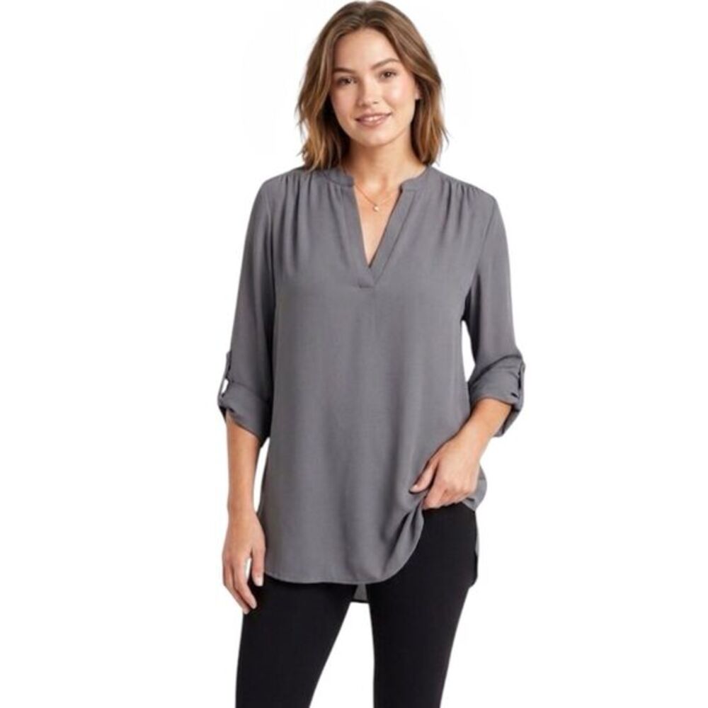 Zenana Outfitters Womens Blouse Gray Button Sleeve Split Neck Pleated Sz XL